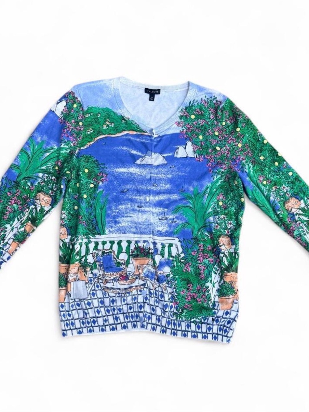 Talbots Capri Charming Cardigan Blue & Green Coastal Scene Size M button up